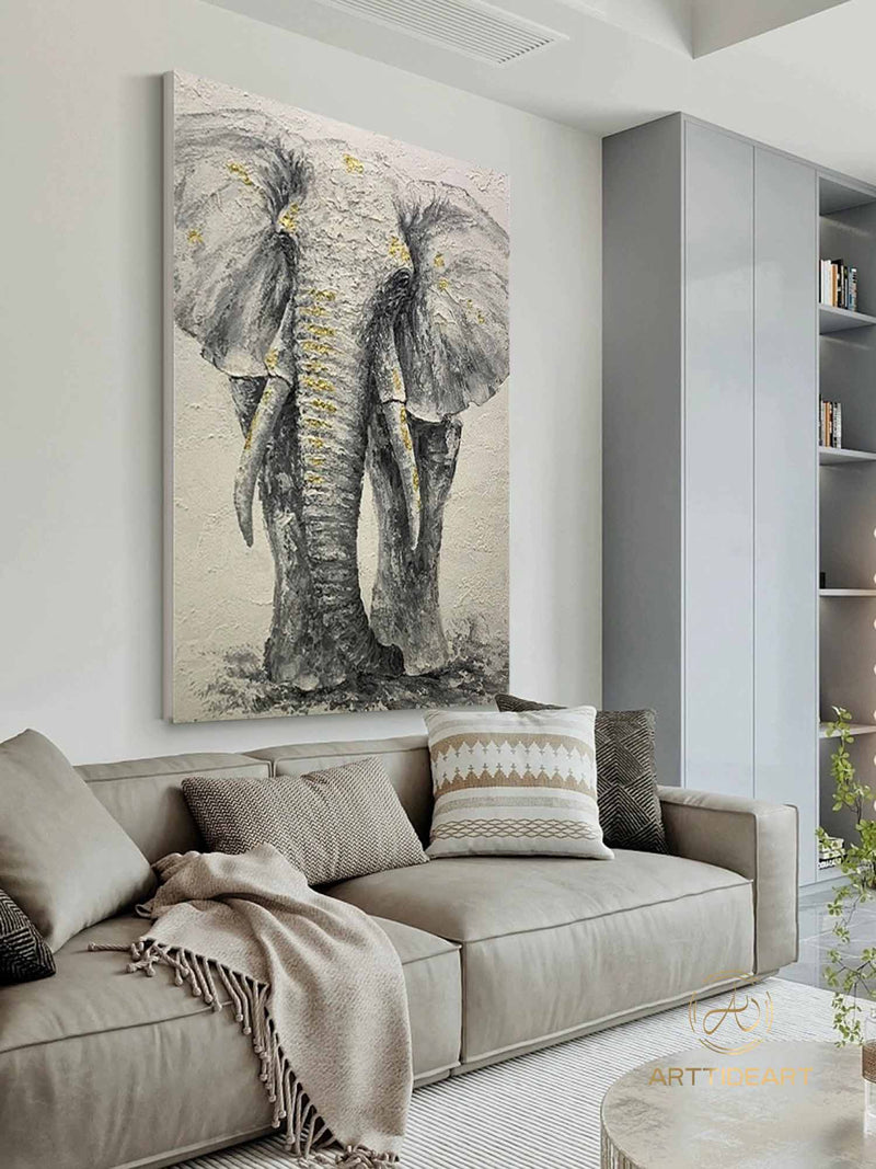 Elephant Original Painting Texture on Canvas, Wabi Sabi Framed Wall Art, POP Art Livingroom Bedroom Decor, Animal Elephant Art Gift For Her