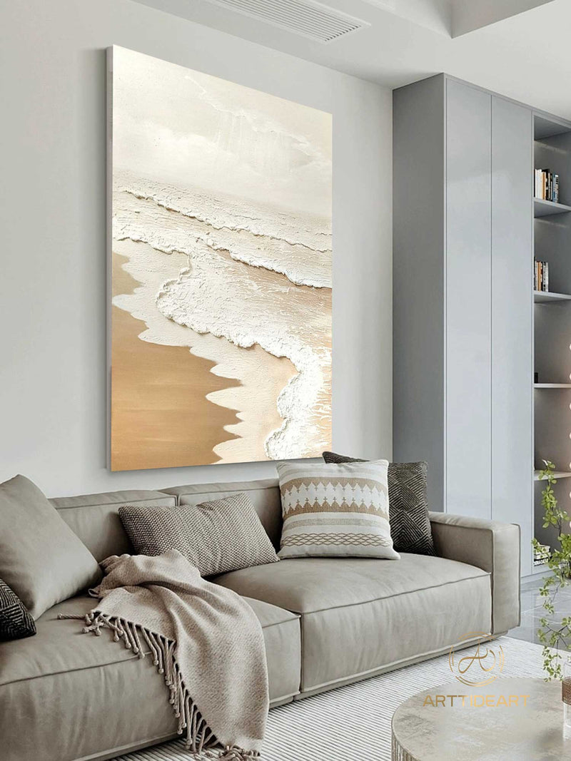 Beach Ocean Waves Abstract Painting Wabi Sabi Wall Art 3D Beige Minimalist Painting Ocean Wave Painting on Canvas Textured Wall Art