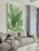 3D Minimalist Wabi Sabi Green Leaves Painting on Canvas Modern Minimalist Textured Wall Art Neutral Home Decor Large Living Room