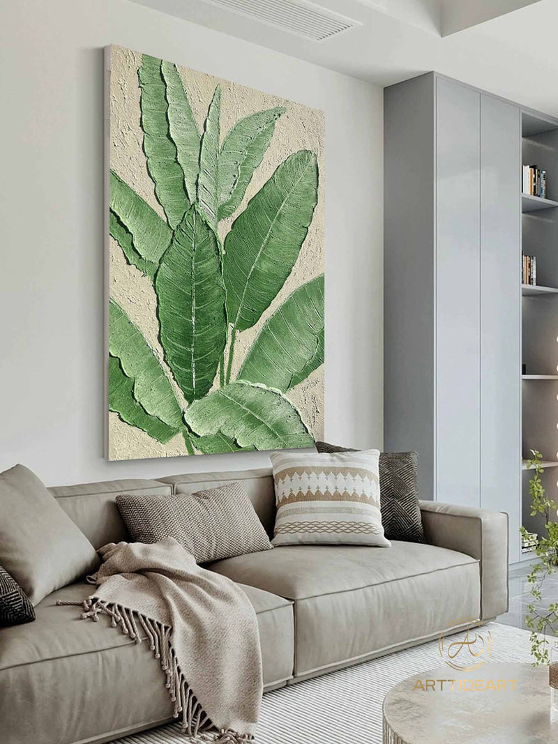 3D Minimalist Wabi Sabi Green Leaves Painting on Canvas Modern Minimalist Textured Wall Art Neutral Home Decor Large Living Room