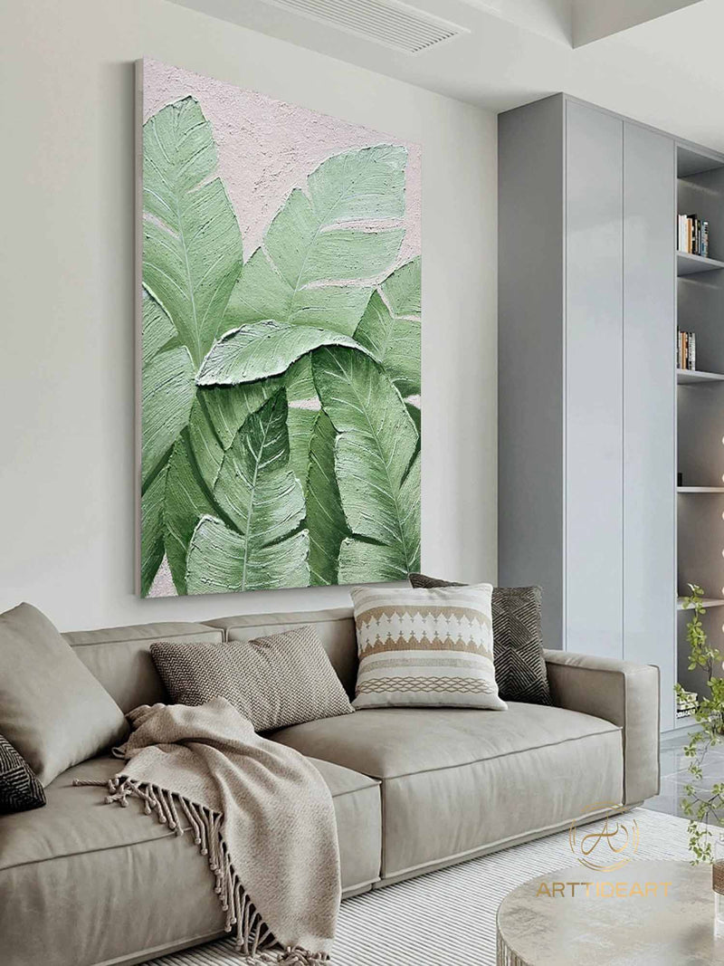 Large Nordic Green Beige abstract wall Green 3D texture painting abstract leaf painting modern living room abstract painting Minimalist Art