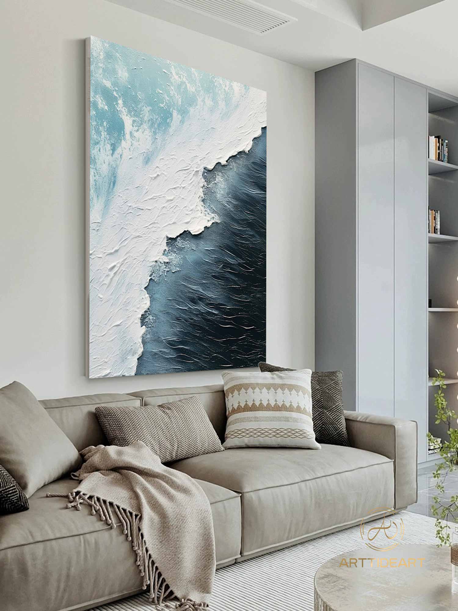 Ocean Waves Abstract Painting on Canvas Blue Abstract Painting 3D Textured Wall Art Abstract Minimalist Paintin Living Room Painting