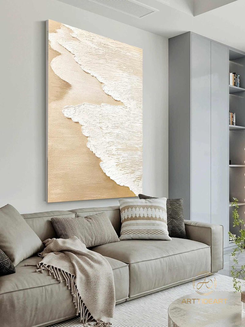 3D Earth Tone Sand Painting, Original Ocean Painting on Canvas, Beach Painting Textured Wall Art Living Room Painting, Wabi-sabi Wall art