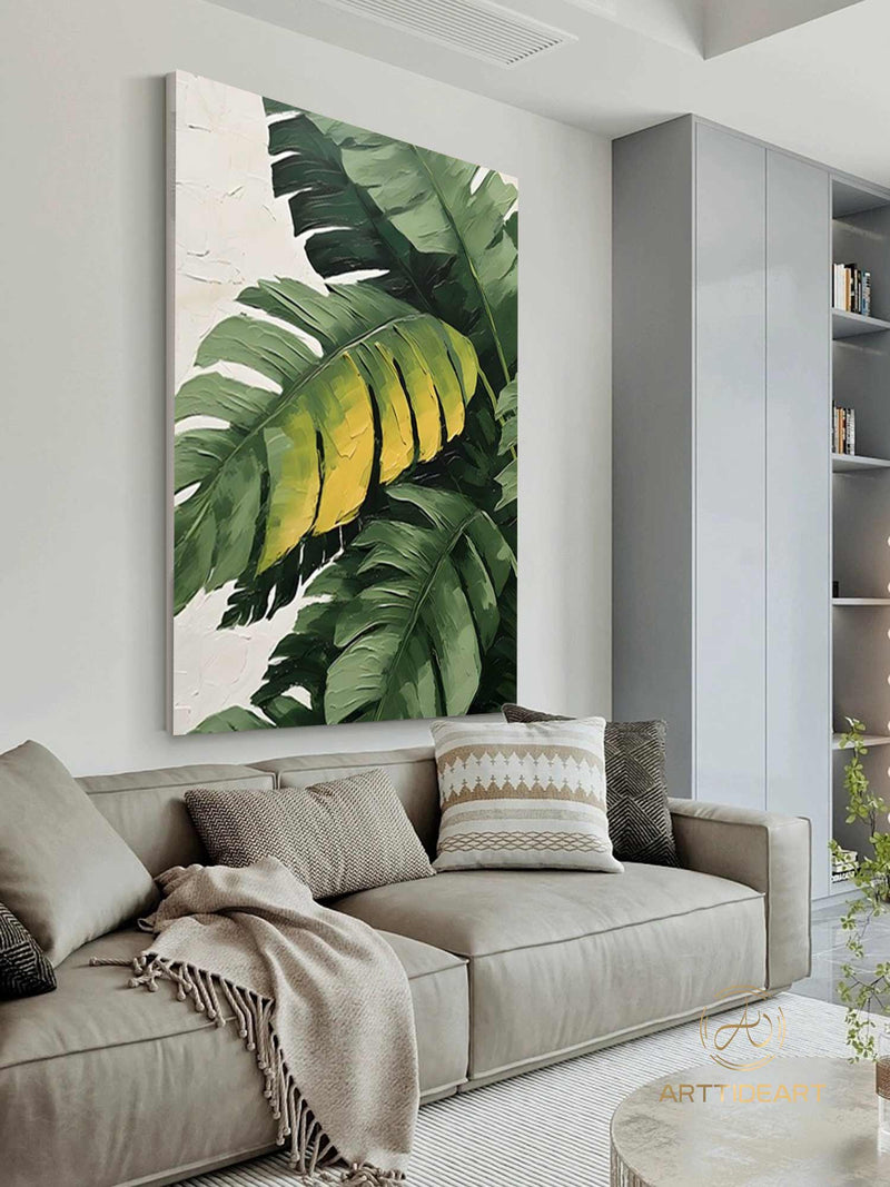 Large 3D Green abstract leaf painting,Gold texture painting, Original Green Banana Leave Oil Painting,Plant Art,Modern Living Room Decor