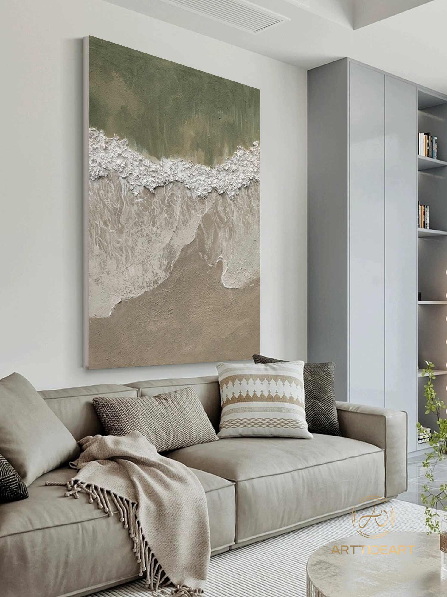 3D Green Minimalist Beach Painting Textured Wall Art Ocean Wave Painting on Canvas Wabi-Sabi Wall Art Living Room Painting Fashion Decor