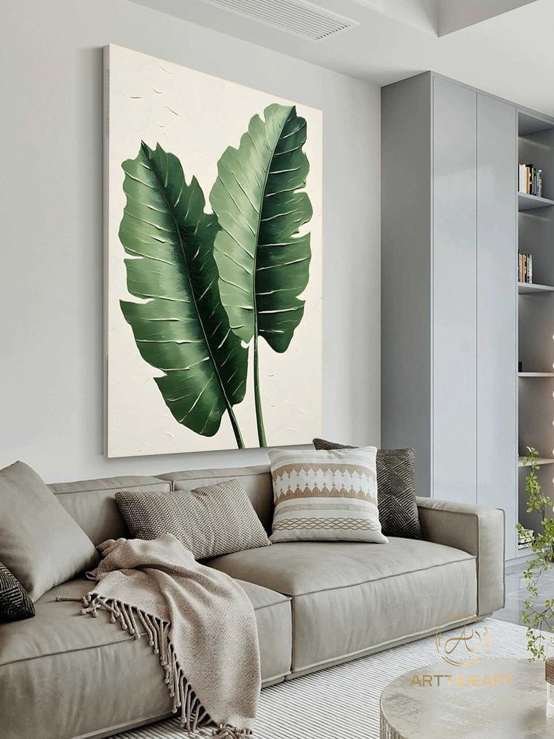 Large 3D Green abstract leaf painting,texture painting art, Original Green Banana Leave Oil Painting,Plant Art ，Modern Living Room Decor