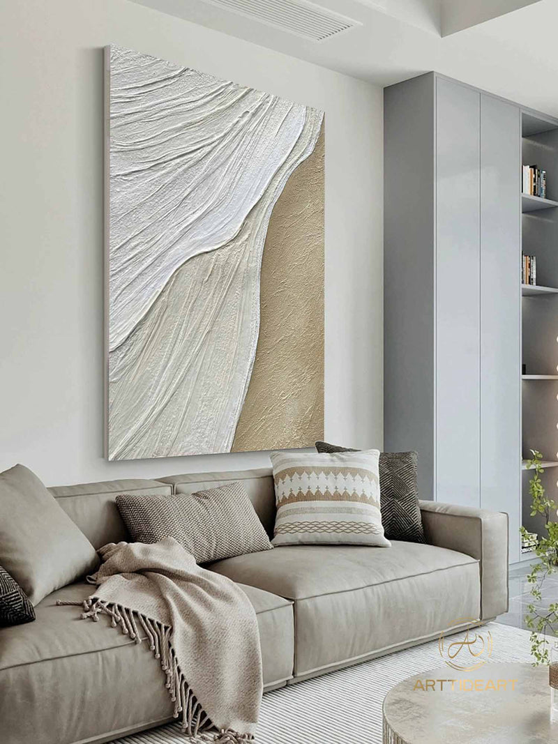 3D Textured Wall Art Ocean Waves Painting on Canvas Wabi-Sabi Wall Art Earth Tone Waves Art Living Room Painting Neutral Wall Art