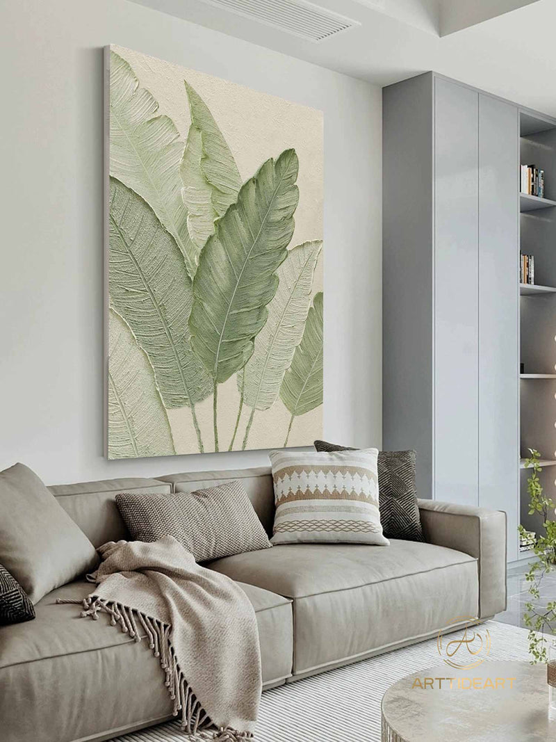 Large Green Leaf Textured Painting on Canvas Green Minimalist Wall Art Leaf Landscape Painting Green Minimalist Painting Boho Wall Art Decor