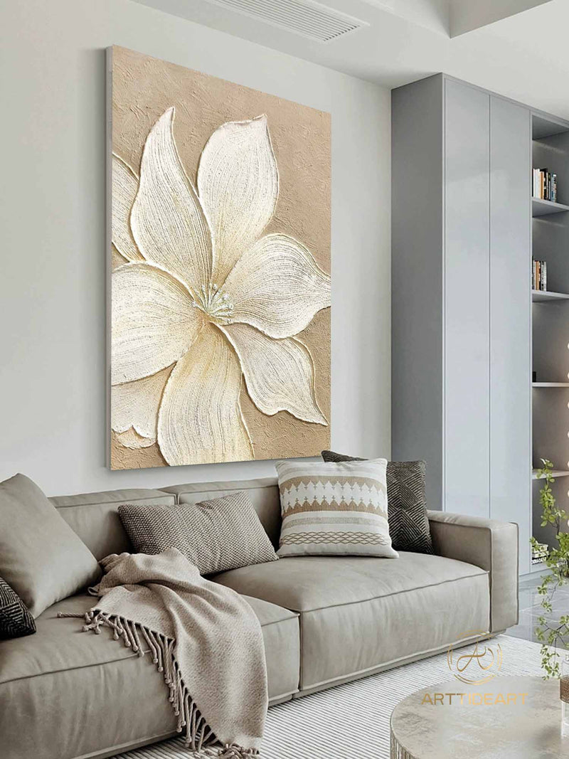 Large Original Flower Oil Painting On Canvas, Beigel Decor, Abstract Texture Floral Painting,Custom Painting, Modern Living Room Decor