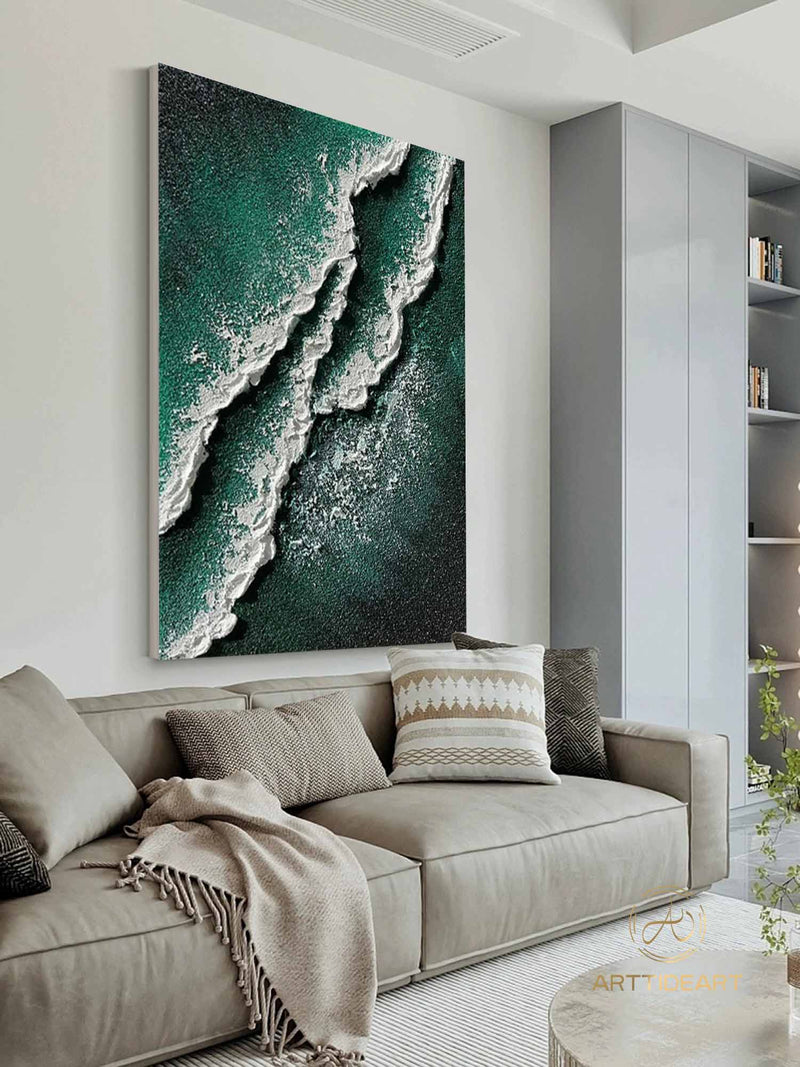 Green Ocean Oil painting Canvas Neutral Tone Wave Art Texture Wall Art Wabi-Sabi Wall Art Fashion Room Living Room Painting Decor