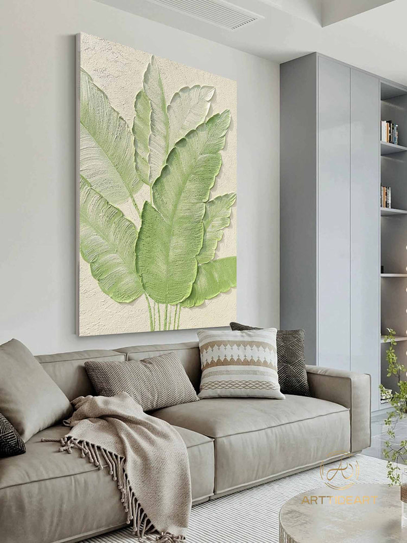 Large Nordic Green Beige abstract wall Green 3D texture painting abstract leaf painting modern living room abstract painting Minimalist Art