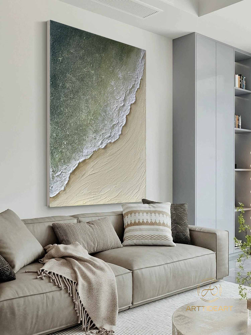 Original Sea Abstract Oil Painting,White Waves Texture Painting,Large Sky And Sea Painting,Large Ocean Canvas Painting,Living Room Art