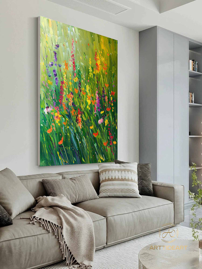 Original Green Flower Oil Textured Painting on Canvas Abstract Floral Wall Art Boho Wall Art Green Floral Painting Living Room Wall Decor