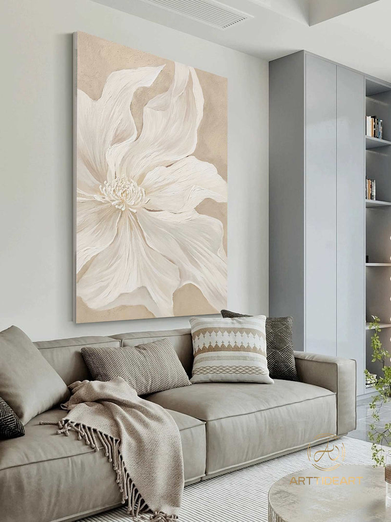 Original White Flower Oil Painting on Canvas,Large Wall Art,Abstract Floral Painting,Minimalist Art,Custom Painting,Living Room Decor Gift