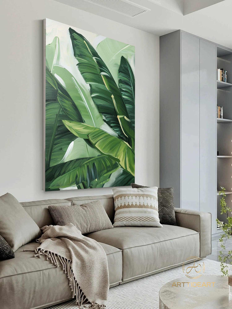 Modern Banana Leaf Canvas Oil Painting, 100% hand-painted custom artwork, landscape botanical paintings, living room wall decor fashionable