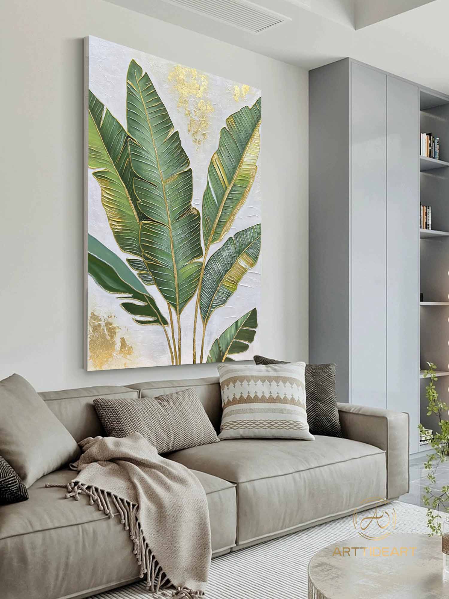 Large 3D Green abstract leaf painting,Gold texture painting, Original Green Banana Leave Oil Painting,Plant Art,Modern Living Room Decor