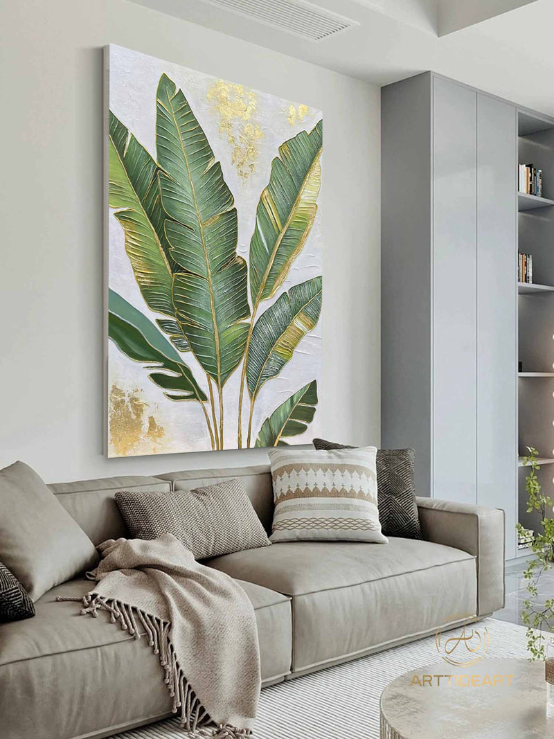 Large 3D Green abstract leaf painting,Gold texture painting, Original Green Banana Leave Oil Painting,Plant Art,Modern Living Room Decor