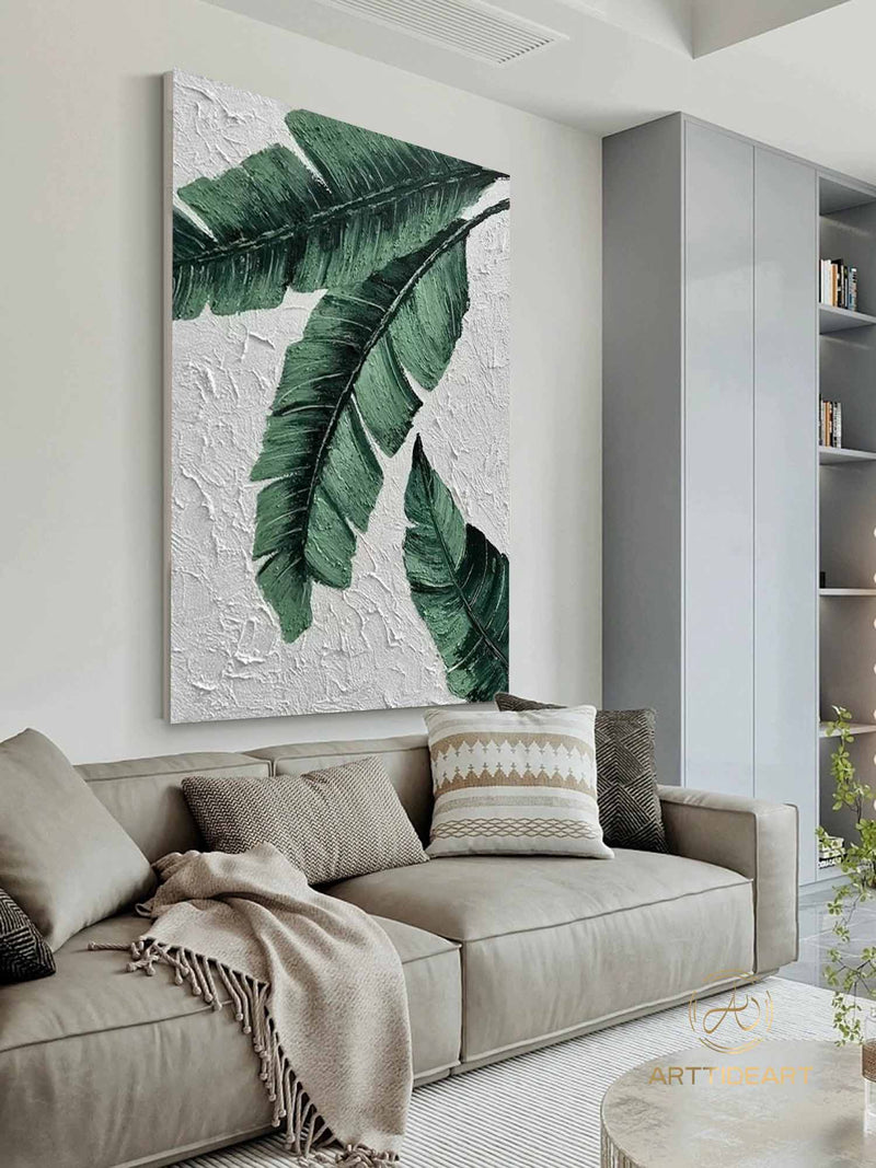 Tropical Green Leaves, 100% Handmade, Tropical Botanical, Leaf, Textured Painting, Acrylic Abstract Oil Painting, Wall Decor Living Room