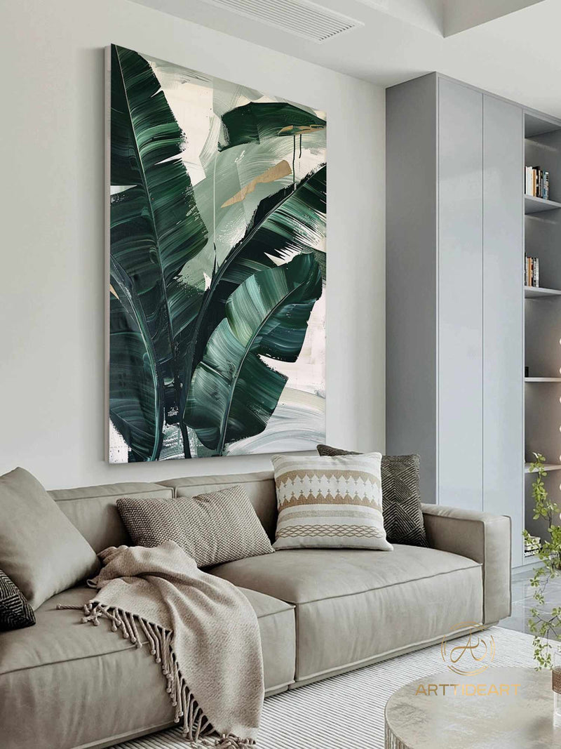 Modern Banana Leaf Canvas Oil Painting, 100% hand-painted custom artwork, landscape botanical paintings, living room wall decor fashionable