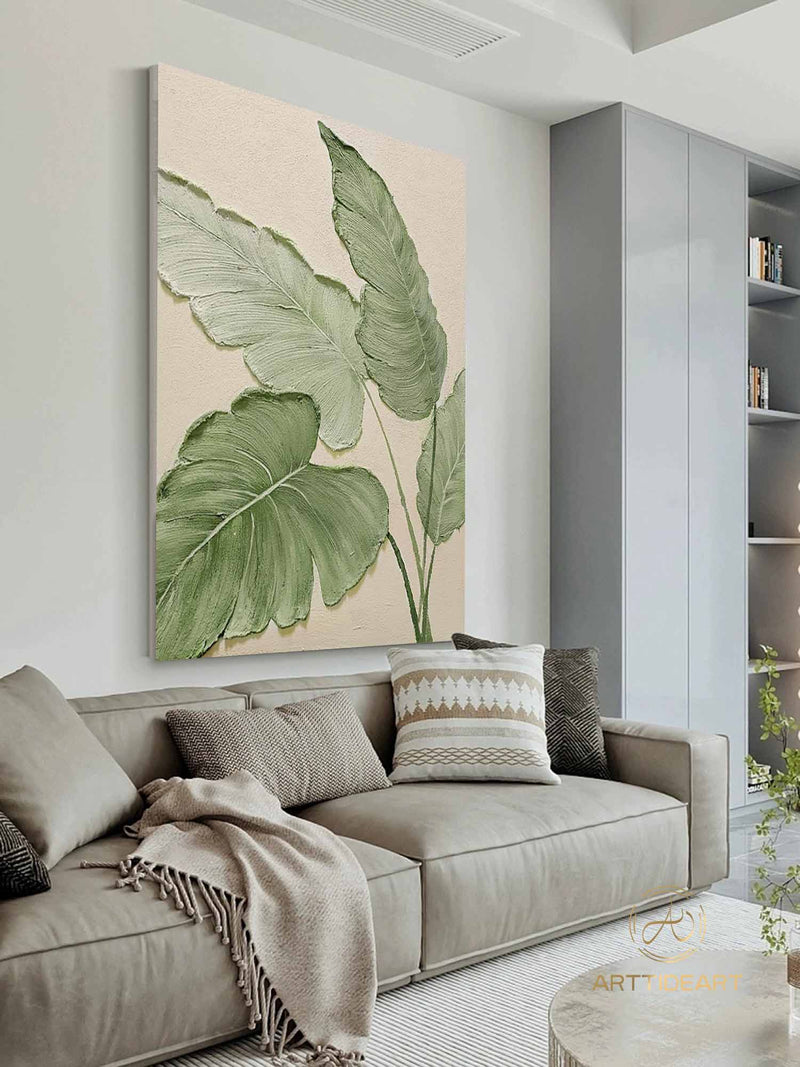 Original Green Leaf Painting Green Acrylic Canvas Framed Wall Art Hand Painted Leaf Landscape Oil Painting Living Room Home Wall Art Decor