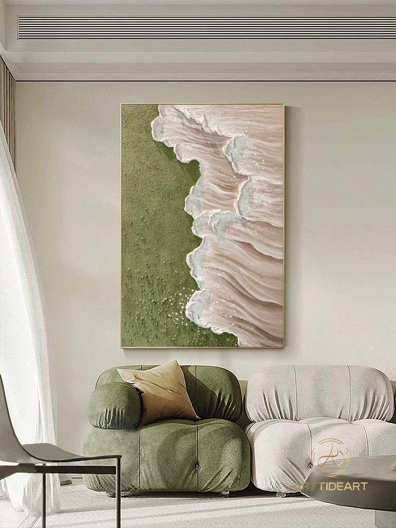 Modern Abstract Wave Paintings Textured Beige Canvas Art Green Beach Wall Art Ocean Wave Art Coastal Seascape Paintings Contemporary Art