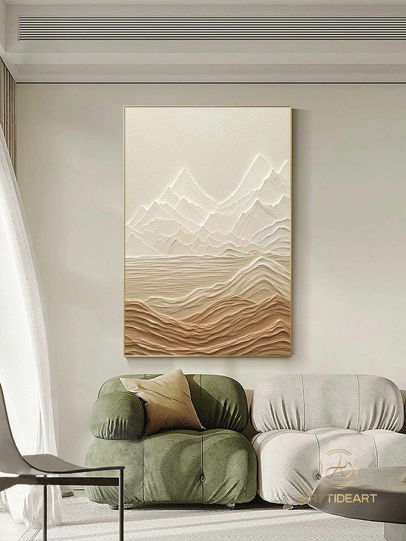 Original Abstract Mountain Landscape Texture Painting Beige Texture Knife Art White Snow Mountain Wall Art Modern Living Room Wall Art Decor