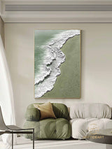 Green 3D Textured Sea Art White Waves Wabi-Sabi Minimalist Canvas Texture Art Beach Painting Mural Ocean Wave Canvas Wabi-Sabi Wall Art