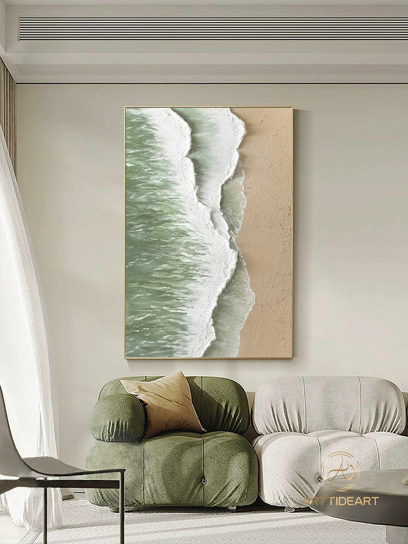 Large Green Coastal Wall Decor Abstract Green Beach Painting Acrylic Framed Ocean Wave Canvas Painting 3D Texture Abstract Beach Canvas Art