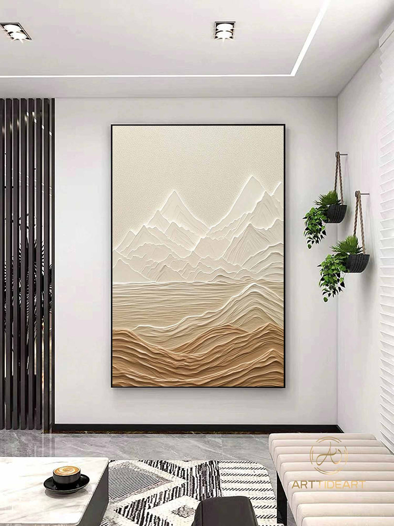 Original Abstract Mountain Landscape Texture Painting Beige Texture Knife Art White Snow Mountain Wall Art Modern Living Room Wall Art Decor