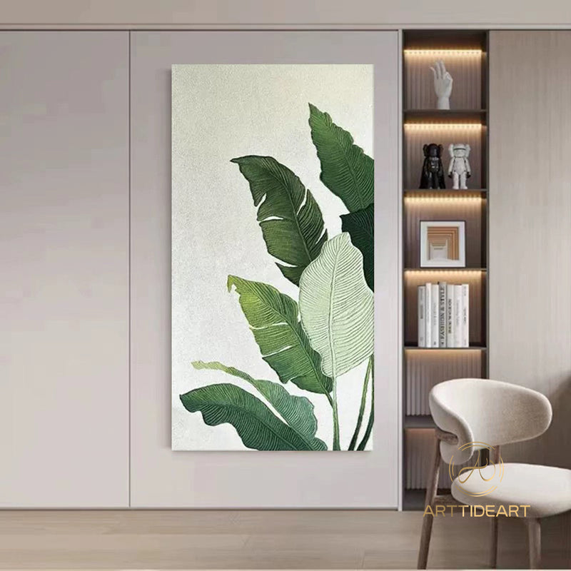 Large Nordic Green Beige abstract wall Green 3D texture painting abstract leaf painting modern living room abstract painting Minimalist Art