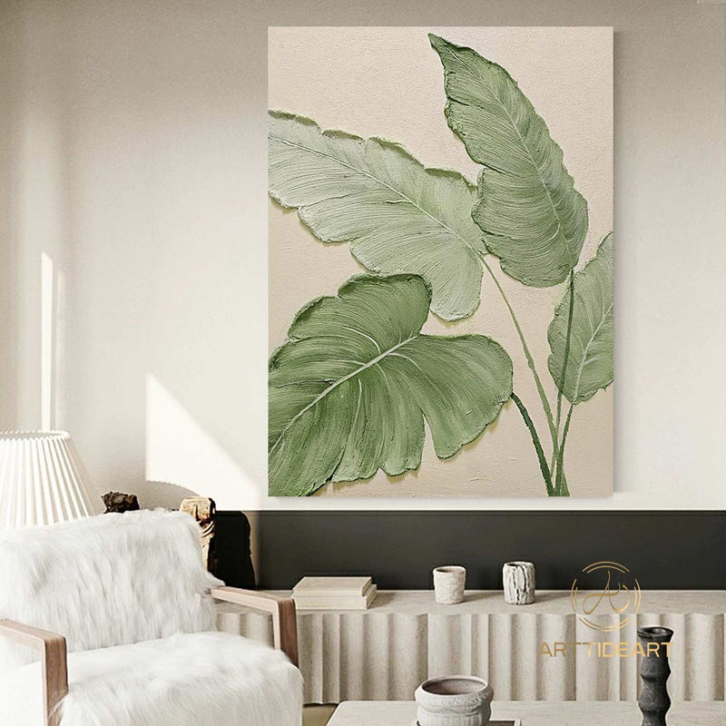 Original Green Leaf Painting Green Acrylic Canvas Framed Wall Art Hand Painted Leaf Landscape Oil Painting Living Room Home Wall Art Decor