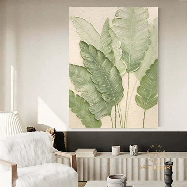 Organic-Style Tree Leaf Painting 3D Textured Art Banana Leaf Botanical Wall Art Abstract Painting Beige Green Original Plants Painting