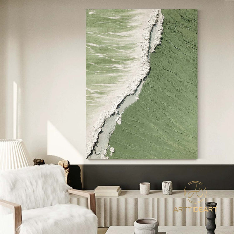 Green 3D Textured Sea Art White Waves Wabi-Sabi Minimalist Canvas Texture Art Beach Painting Mural Ocean Wave Canvas Wabi-Sabi Wall Art