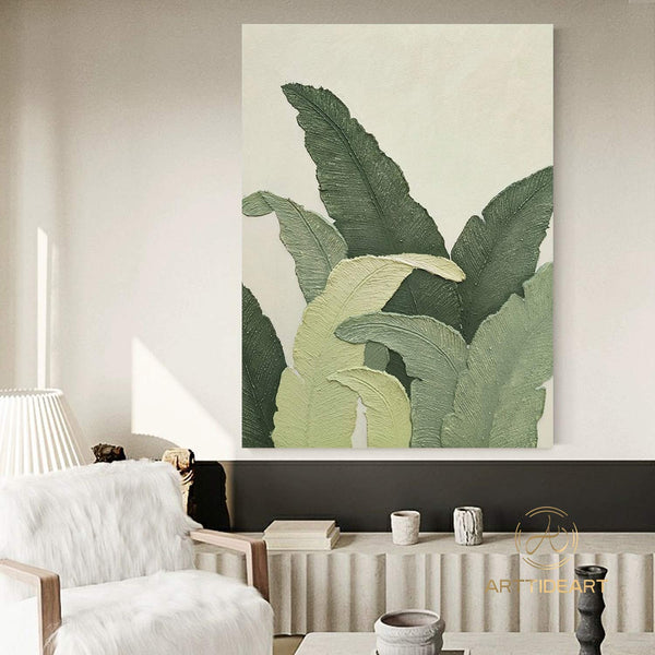 Large Nordic Green Beige abstract wall Green 3D texture painting abstract leaf painting modern living room abstract painting Minimalist Art