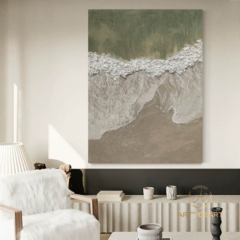 3D Green Minimalist Beach Painting Textured Wall Art Ocean Wave Painting on Canvas Wabi-Sabi Wall Art Living Room Painting Fashion Decor