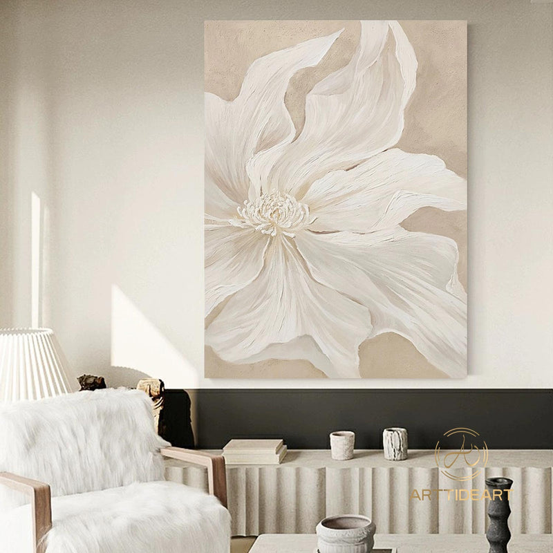 Original White Flower Oil Painting on Canvas,Large Wall Art,Abstract Floral Painting,Minimalist Art,Custom Painting,Living Room Decor Gift