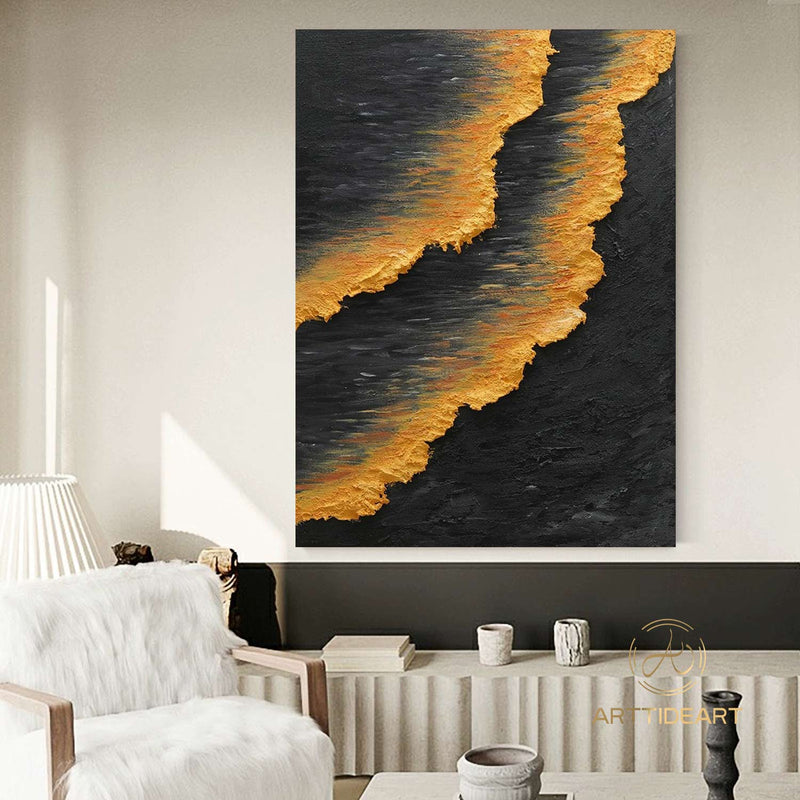 Wabi-Sabi Wall Art Large Ocean Waves Abstract Painting Black Orange Painting Heavy Texture Painting Hand-painted Abstract Art