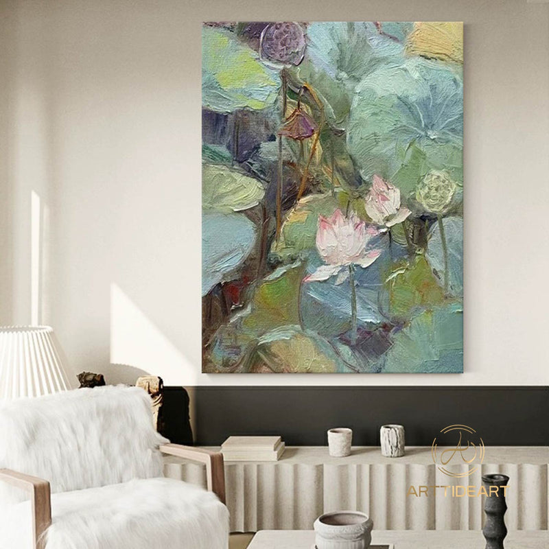 Original Pink Lotus Floral Painting on Canvas Calming Painting Abstract Lotus Zen Art Green Lotus Leaf Art Living Room Wall Art Summer Decor