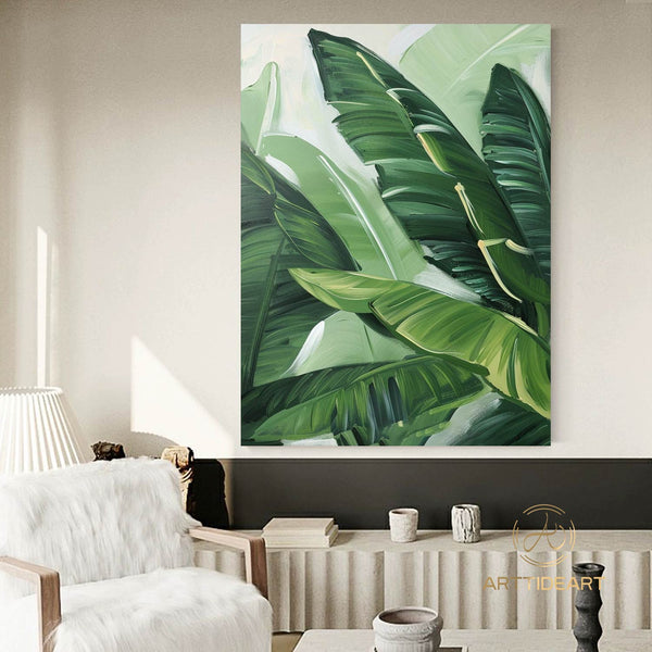 Modern Banana Leaf Canvas Oil Painting, 100% hand-painted custom artwork, landscape botanical paintings, living room wall decor fashionable