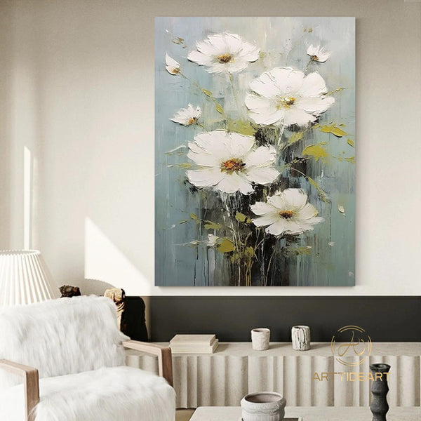 Abstract White Flower Oil Painting on Canvas, Large Wall Art, Original Floral Painting,Minimalist Art,Custom Painting,Living Room Decor Gift