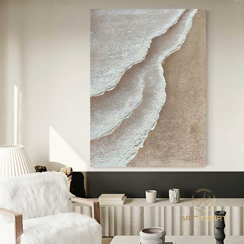 3D Minimalist Ocean Painting on Canvas Textured Wall Art Earth Tone Waves Art Wabi-Sabi Wall Art Living Room Painting Fashion Room Decor