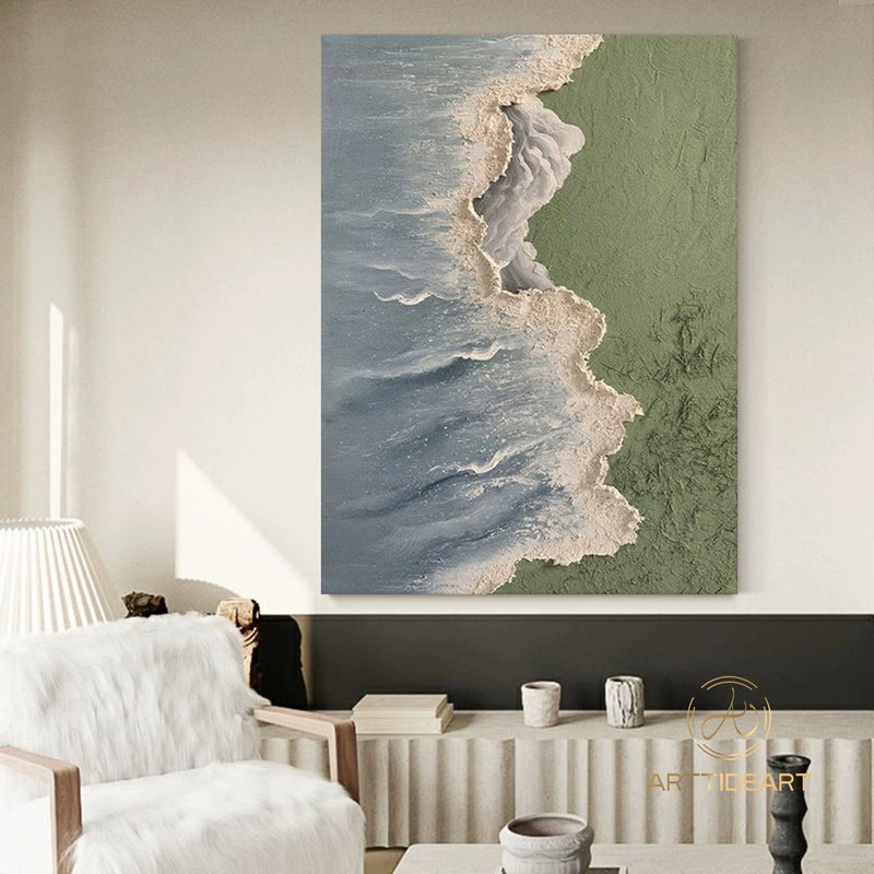 Light Green Sea Waves Beach Textured Painting On Canvas Original Ocean Beach Painting Seascape Wall Art Extra Large Wall Art Decor