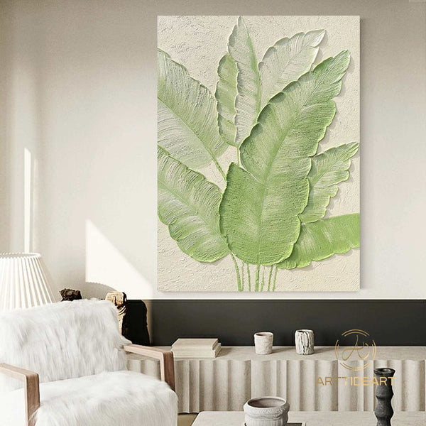 Large Nordic Green Beige abstract wall Green 3D texture painting abstract leaf painting modern living room abstract painting Minimalist Art