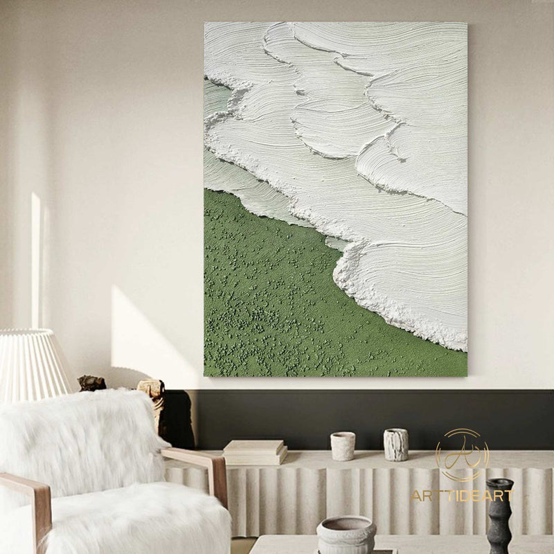 Modern Abstract Wave Paintings Textured Beige Canvas Art Green Beach Wall Art Ocean Wave Art Coastal Seascape Paintings Contemporary Art