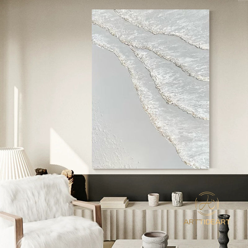 White ocean wave textured painting,sea beach painting,white textured abstract painting,white ocean painting,ocean wave landscape painting