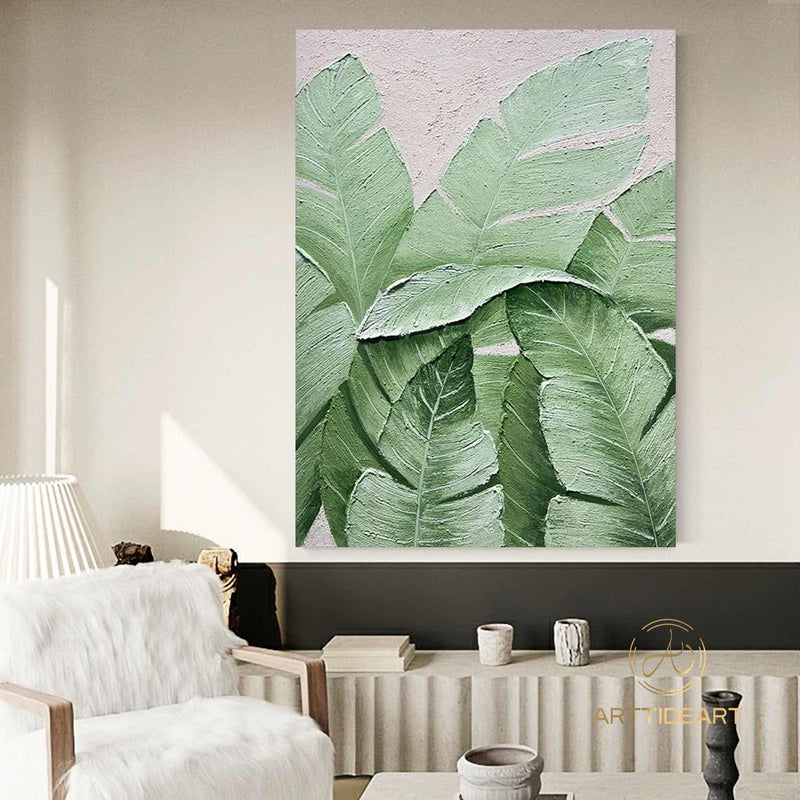 Large Nordic Green Beige abstract wall Green 3D texture painting abstract leaf painting modern living room abstract painting Minimalist Art