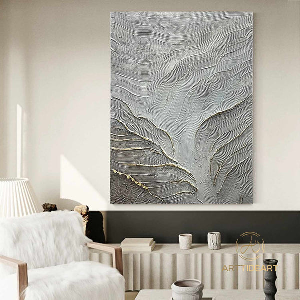 Grey and White Abstract Wall Art Large Grey 3D Texture Painting on Canvas Modern Abstract Painting Gold Texture Wall Art Modern Wall Decor