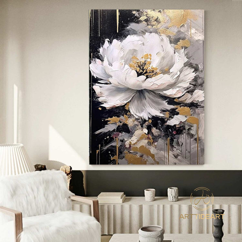 Abstract White Flower Oil Painting on Canvas, Large Wall Art, Original Floral Painting,Minimalist Art,Custom Painting,Living Room Decor Gift