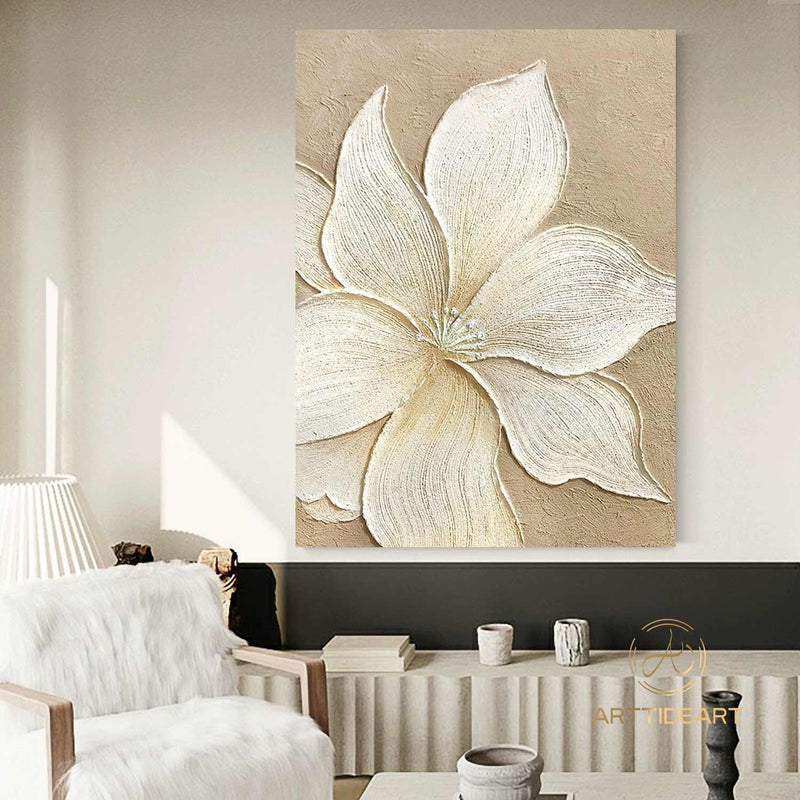 Large Original Flower Oil Painting On Canvas, Beigel Decor, Abstract Texture Floral Painting,Custom Painting, Modern Living Room Decor