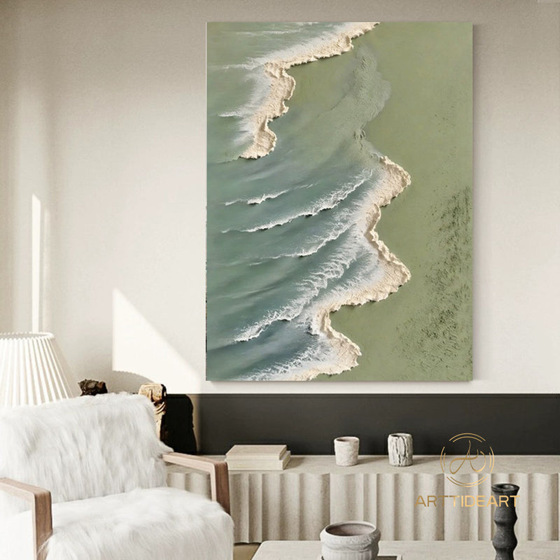 Large 3D Green Textured Ocean Painting,Large Wave Wall Decor,Abstract Sea Wall Art,Coastal Wall Art,Beach Canvas Painting,Green Ocean Art